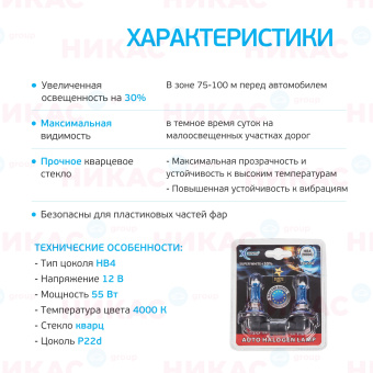 XENITE HB4 (9006) (SUPER WHITE +30%) (P22d) 12V (комплект 2 шт)